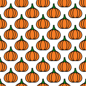 Hand drawn pumpkins seamless pattern. Thanksgiving vector background.  Perfect for fabric, clothes, scrapbooking, wrapping paper, etc.