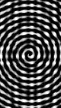 Dotted halftone spiral rotates inward against a dark surface creating an optical illusion pattern in a vertical seamless loop 3D animation
