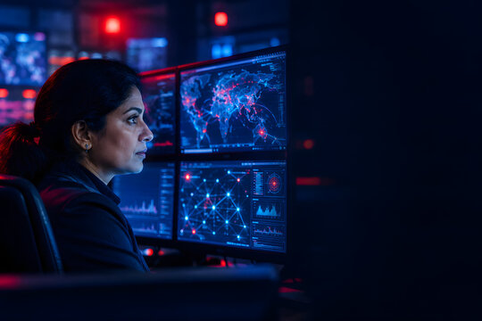Cybersecurity analyst monitoring threats in a dark operations center