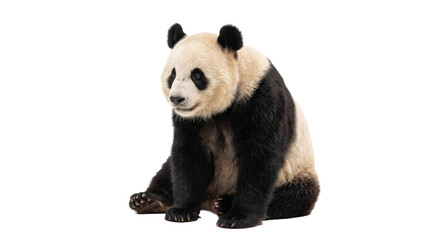 Giant panda sitting alone against a black background, showing its distinctive black and white fur © Ophelia