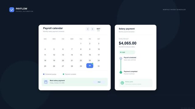 A monthly payroll calendar highlights payday, displays a salary payment reminder, and transitions from scheduled to paid with a confirmation checkmark.