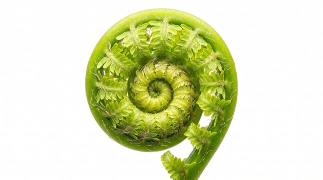 Unfurling fern fiddlehead displaying a complex geometric spiral and vivid green coloration, captured on a clean solid white backdrop to emphasize unique woodland flora.