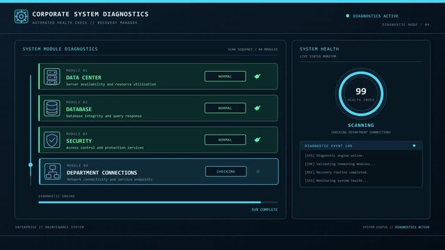 Automated system diagnostics and recovery terminal sequence checking four corporate modules with database auto-recovery and healthy system status.