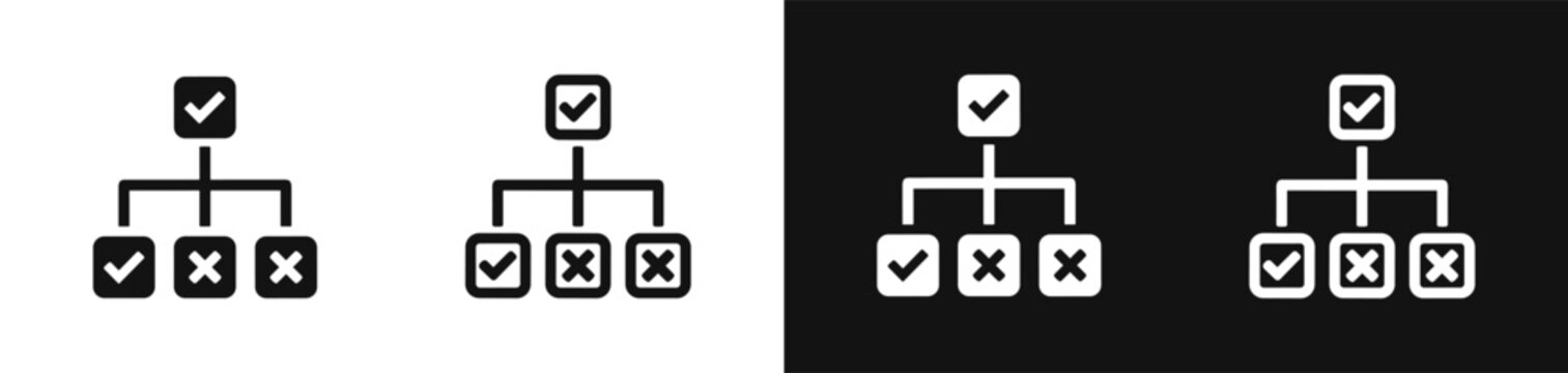 Hierarchical organization chart with check and cross marks decision tree icon