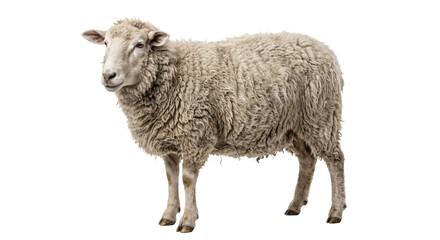 Full-body portrait of a woolly sheep standing alone against a dark isolated background © Ophelia