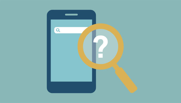 Digital smartphone with a search bar and a large magnifying glass pointing to a question mark on green background.