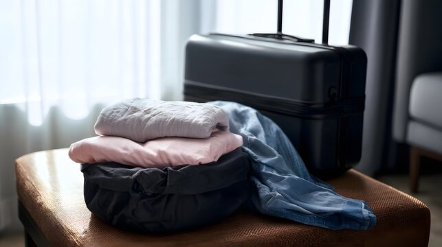 A black suitcase stands beside a stack of neatly folded clothes on a wooden bench near a window with sheer curtains