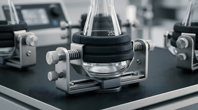 Laboratory orbital shaker platform with stainless steel clamps and rubber pads holding glass erlenmeyer flasks for mixing fluids.
