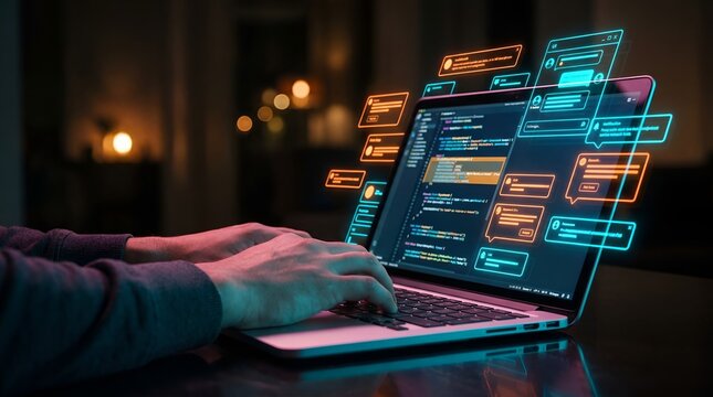 Software engineer typing code on laptop keyboard while glowing holographic user interface screens float in dark room