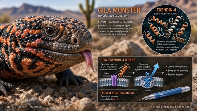 Scientific illustration of gila monster featuring exendin-4 peptide venom component, demonstrating glp-1 receptor agonist action on insulin secretion for pharmacological antidiabetic therapy