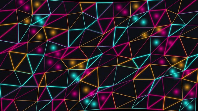 Neon triangle grid motion video background with glowing colorful lights and geometric mesh patterns