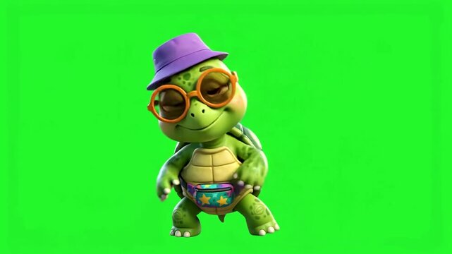 Cute cartoon turtle dancing with sunglasses and hat isolated on green screen