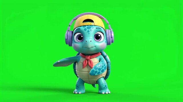 Cute cartoon turtle wearing headphones and yellow baseball cap on chroma green screen