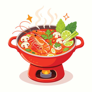 Thai Tom Yum Goong Spicy Shrimp Soup Vector Illustration