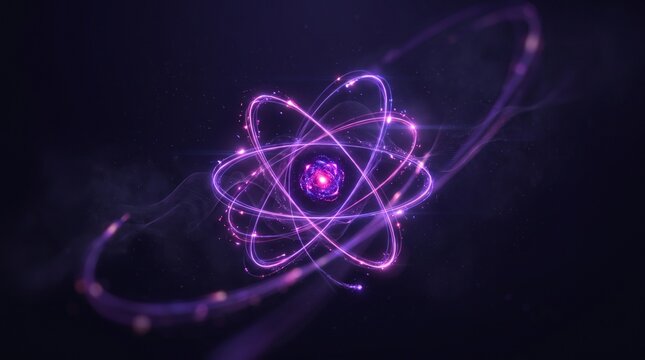 Glowing neon purple atomic model structure glowing brightly against dark cosmic background