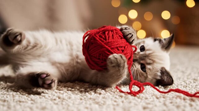 Adorable Orange Tabby Kitten Biting A Ball Of Colorful Yarn