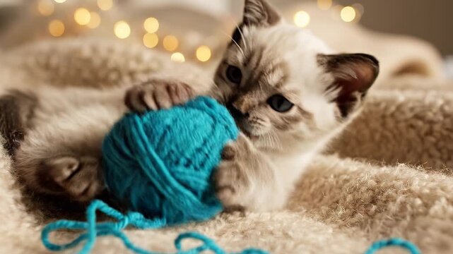 Adorable Orange Tabby Kitten Biting A Ball Of Colorful Yarn