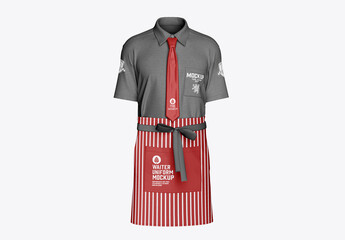Waiter Uniform Mockup with Striped Apron, Shirt and Tie Design