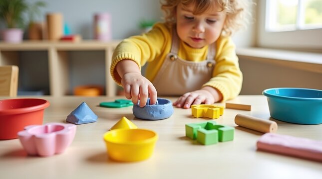 Mi&ntilde;o juega con arcilla para modelar de colores, dispuesta junto a herramientas sencillas aptas para ni&ntilde;os y cortadores con formas geom&eacute;tricas sobre una mesa de actividades creativas