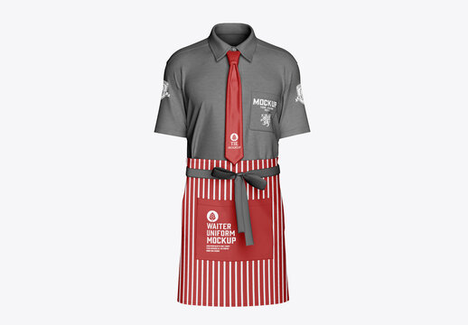 Waiter Uniform Mockup with Striped Apron, Shirt and Tie Design