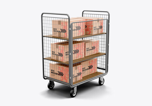 Industrial Wire Mesh Roll Cage Trolley with Cardboard Box Mockup