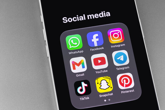 smartphone iPhone with popular social media mobile icon apps WhatsApp, Facebook, Instagram, Gmail, YouTube, Telegram, TikTok, Pinterest, Snapchat. Batumi, Georgia - October 3, 2026