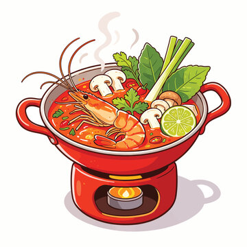 Hot Spicy Thai Tom Yum Goong Soup with Shrimp Vector Illustration