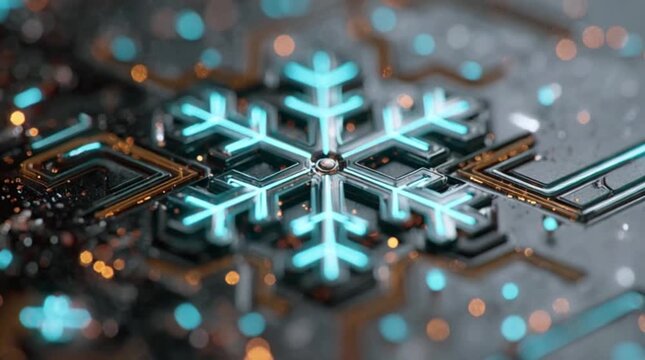 Extreme Close Up of Futuristic Digital Snowflake Pattern Embedded on Advanced Motherboard Circuitry (AI Generated)