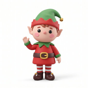 3D cute Christmas elf character standing and waving
