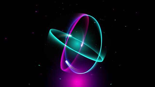 Neon science atom model animation with glowing blue and pink orbital rings rotating on a black background