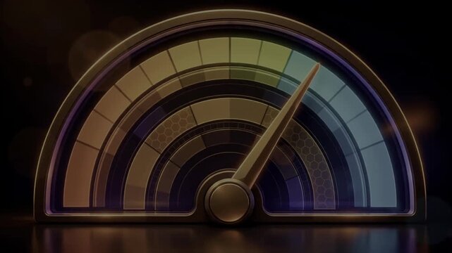 Speedometer gauge measuring performance level, tachometer dial indicator motion graphic background