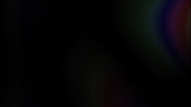 Glowing LED dots form a digital halftone matrix pattern illuminated by subtle rainbow gradient lighting against a black background in a 3D animation