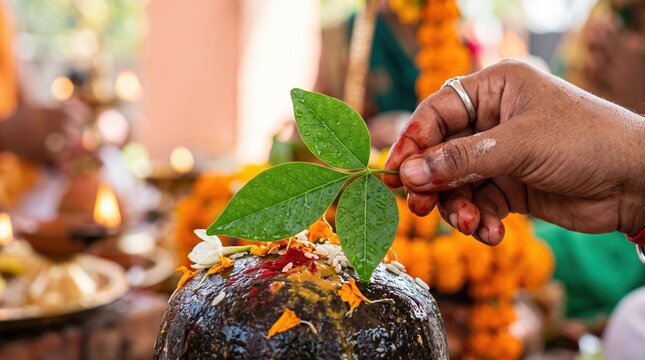 Offering sacred bilva leaf to shiva lingam during religious puja. Hindu devotion ritual on maha shivaratri festival