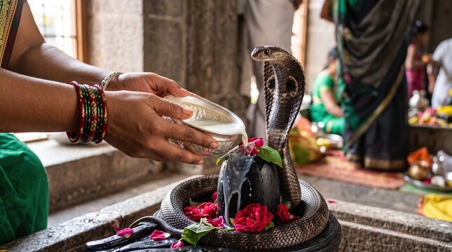 Devotee pouring milk on shiva lingam with live cobra snake. Nag Panchami festival worship ritual in ancient stone temple