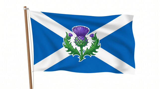 Scotland national flag with thistle emblem waving on wooden flagpole