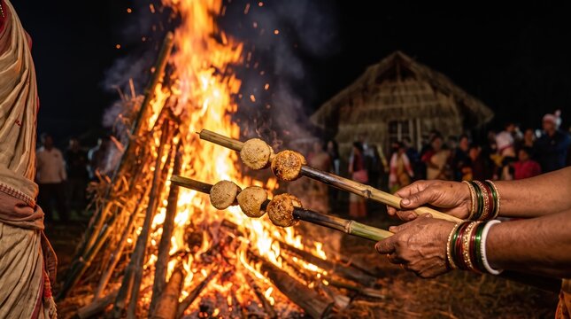 Roasting traditional pitha on bamboo sticks over meji bonfire. Magh bihu festival celebration in assam india