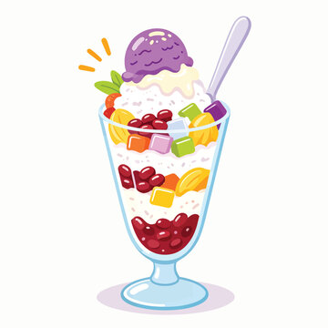 Filipino Halo-Halo Shaved Ice Dessert with Purple Ube Ice Cream Vector