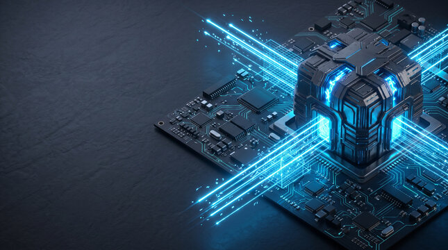Isometric 3D render of a dark shielded enclave block projecting glowing neon blue cryptographic verification beams across a modular circuit board with copy space