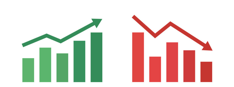 Financial growth and decline bar charts vector illustration showing positive and negative business market trends