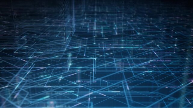 Abstract tech background made of printed circuit board. Depth of field effect and bokeh. internet connections, cloud computing and neural network, big data. 3D render, 4K seamless loop