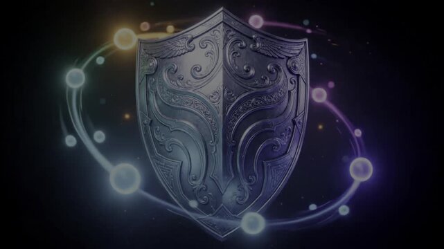 Medieval Ornate Metal Shield Protected by Glowing Magic Energy Particle Orbit Animation