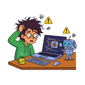 A frustrated software developer with messy hair and a small robot assistant struggle to fix a bug in their computer code, depicted in a colorful cartoon illustration.