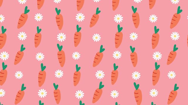 Seamless pattern with hand drawn carrots and white daisy flowers