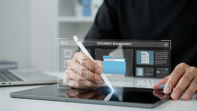 Person interacting with digital document management interface using stylus on tablet with holographic display during office workflow