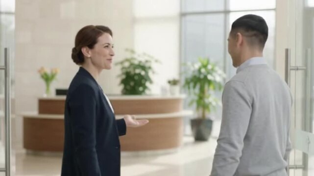 Woman presenting in a bright lobby &mdash; 4K video

