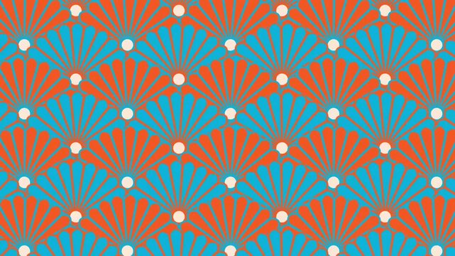 Art deco seashell pattern in vibrant orange and turquoise blue shifts continuously across the screen in a seamless loop 3D animation
