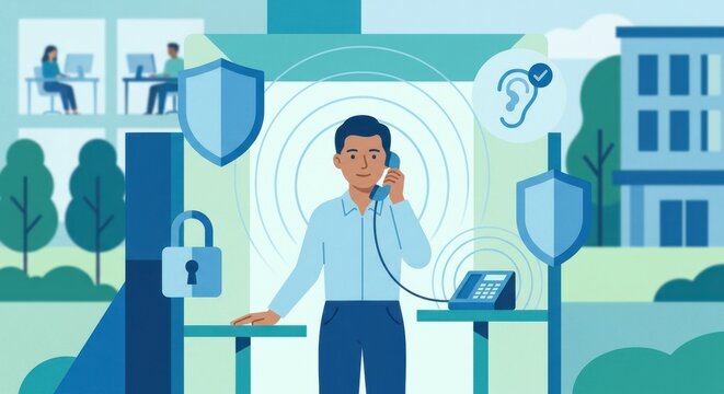 Illustration of employee calling ethics hotline with shields, corporate responsibility concept, compliance, integrity and protection

