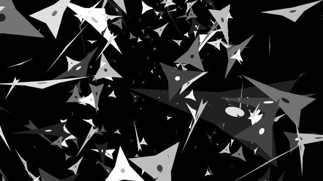 Monochrome geometric arrow shapes in white and gray fly and swirl dynamically across a dark background in a 3D animation loop