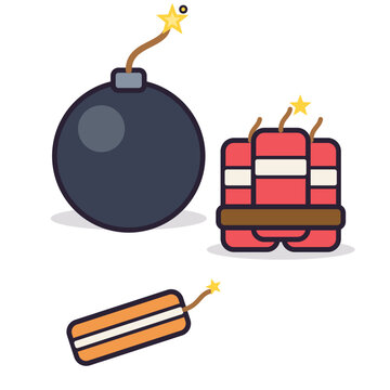 Round bomb with spark, TNT bundle and dynamite set, bold outline cartoon game vector assets