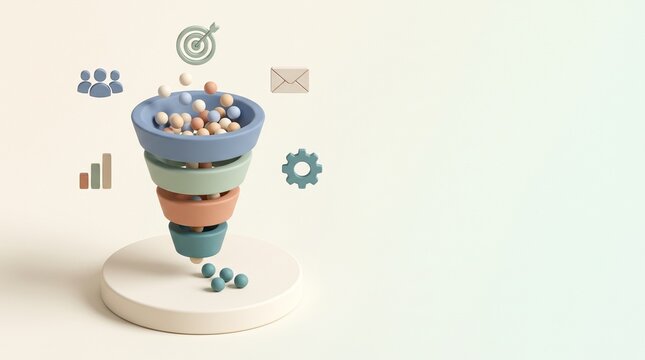Multi-stage marketing funnel filtering colorful spheres on a minimalist podium surrounded by target, email, audience, analytics, and automation icons